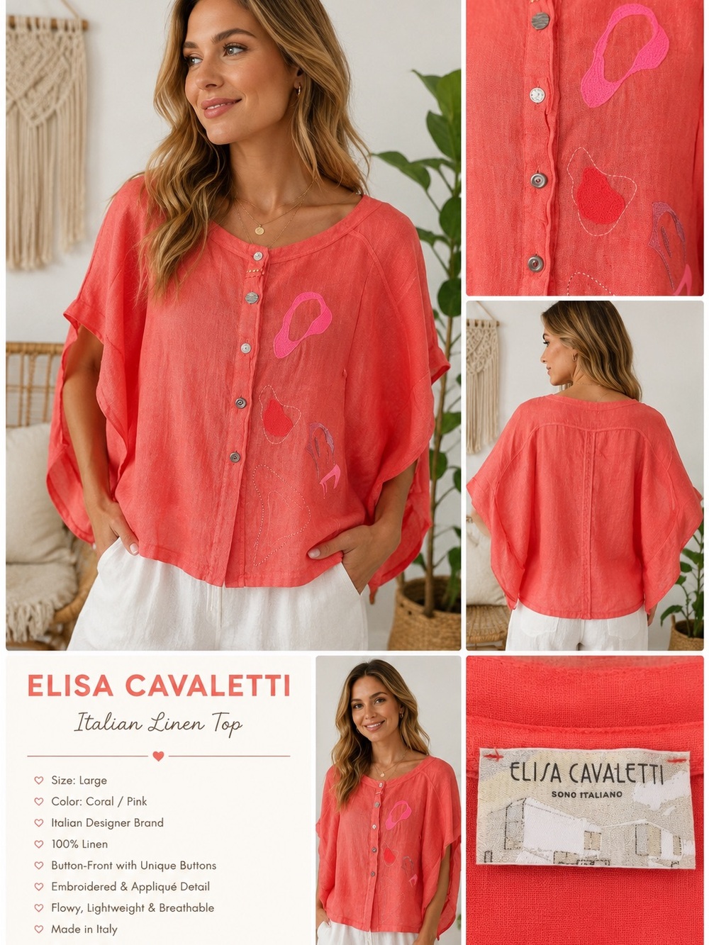 Elisa Cavaletti Italian designer Coral Pink Embroidered Linen Blouse